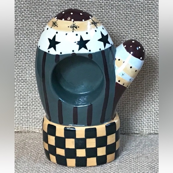 Ceramic Mitten Tealight Candle Holder Folk Art Whimsical Rustic Winter Farmhouse - Picture 1 of 6